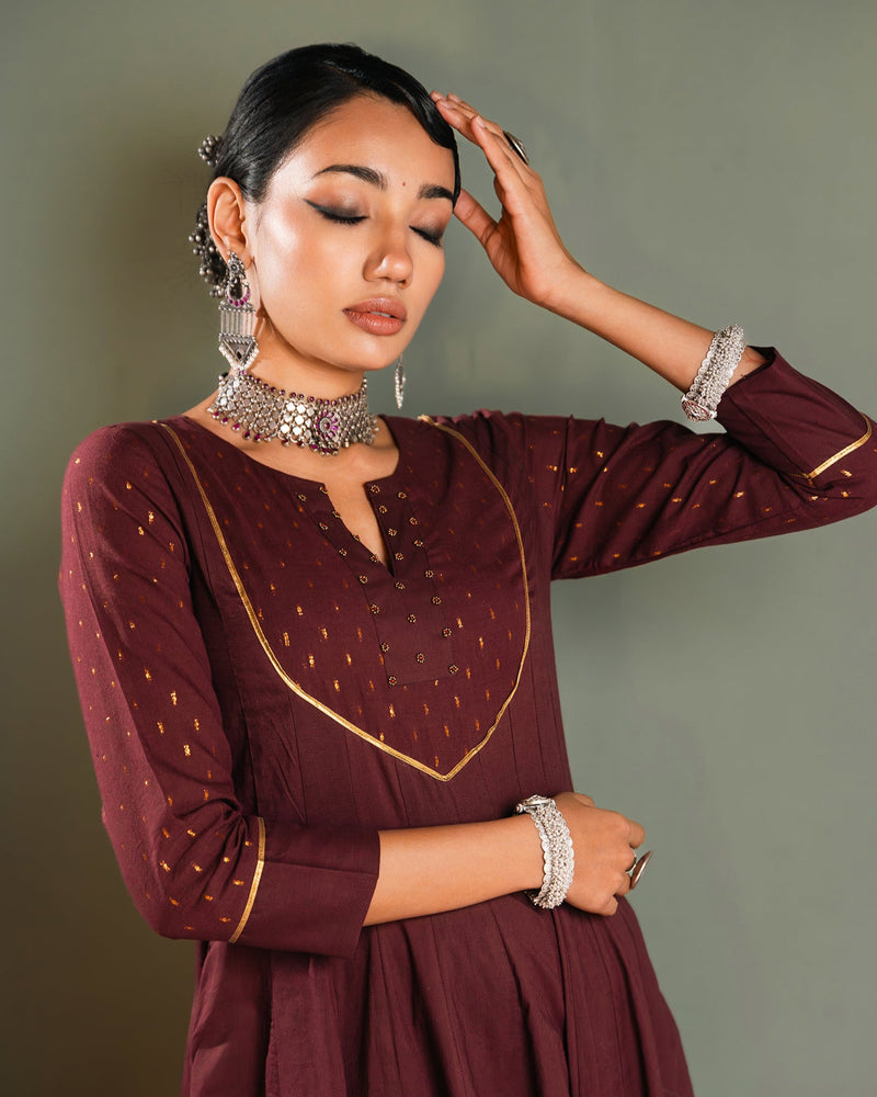 Wine Golden Dobby Cotton Anarkali Dress