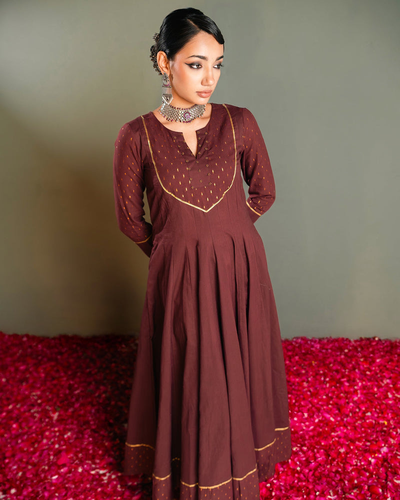 Wine Golden Dobby Cotton Anarkali Dress