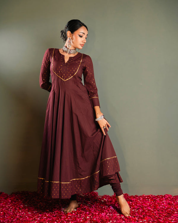 Wine Golden Dobby Cotton Anarkali Dress