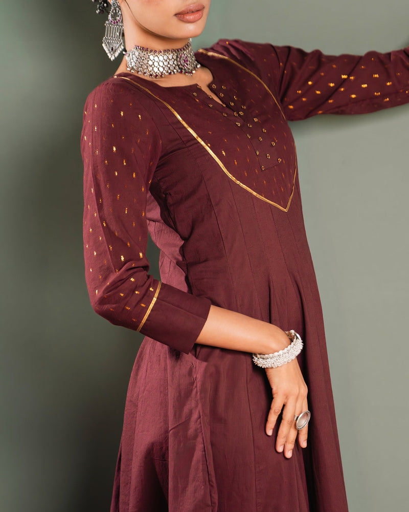 Wine Golden Dobby Cotton Anarkali Dress